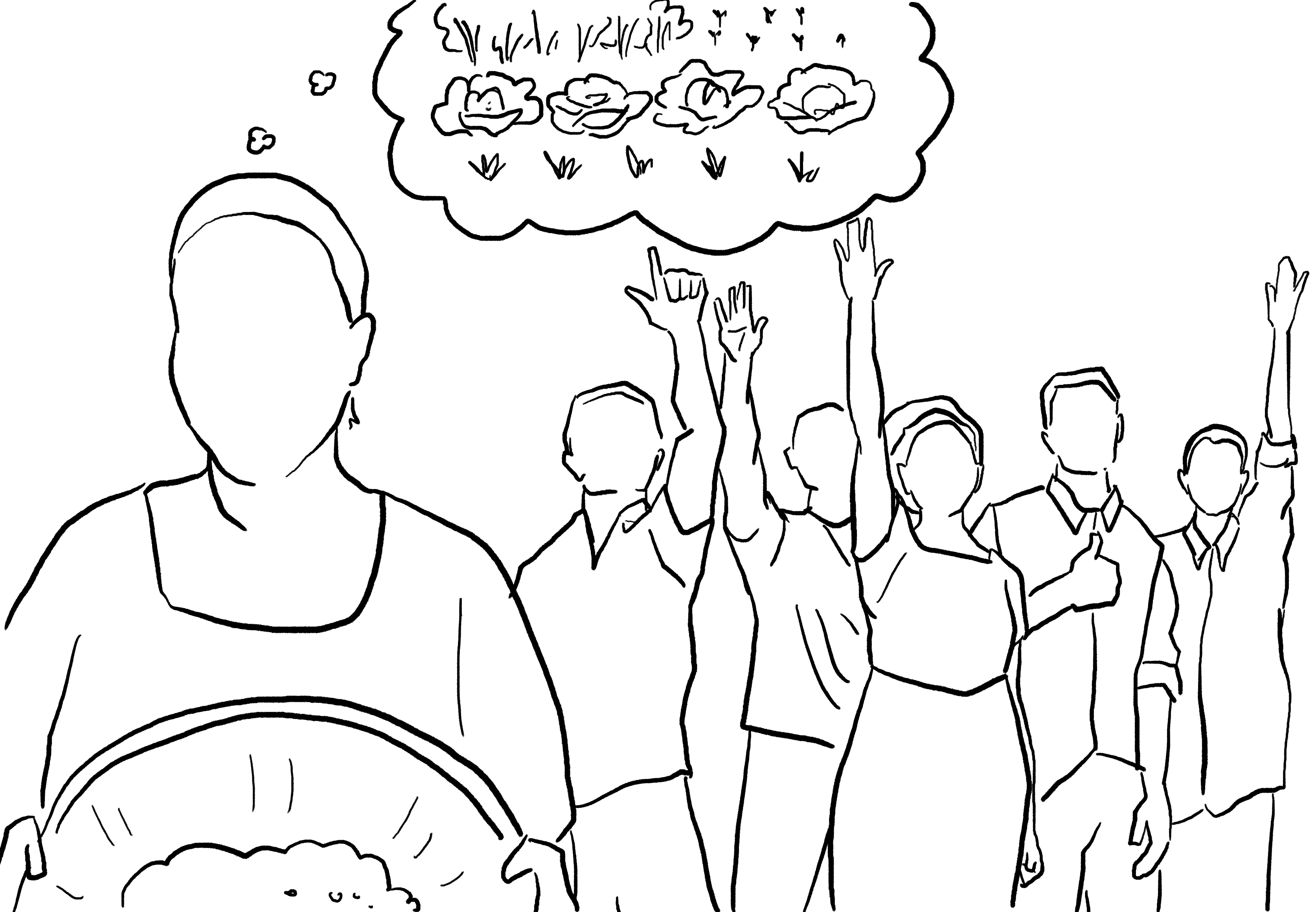 People raising their hands to share what they offer
